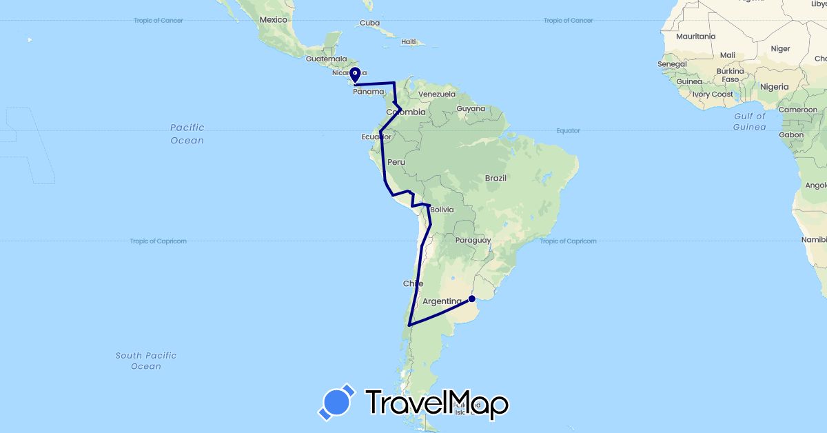 TravelMap itinerary: driving in Argentina, Bolivia, Chile, Colombia, Costa Rica, Ecuador, Peru (North America, South America)
